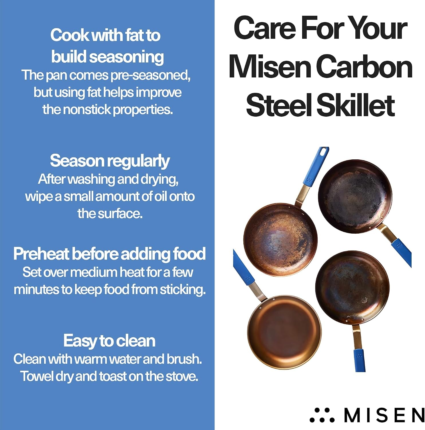 Misen Pre-Seasoned Carbon Steel Fry Pan – Lightweight Even Heating – 2.25 quarts – Black – Skillets