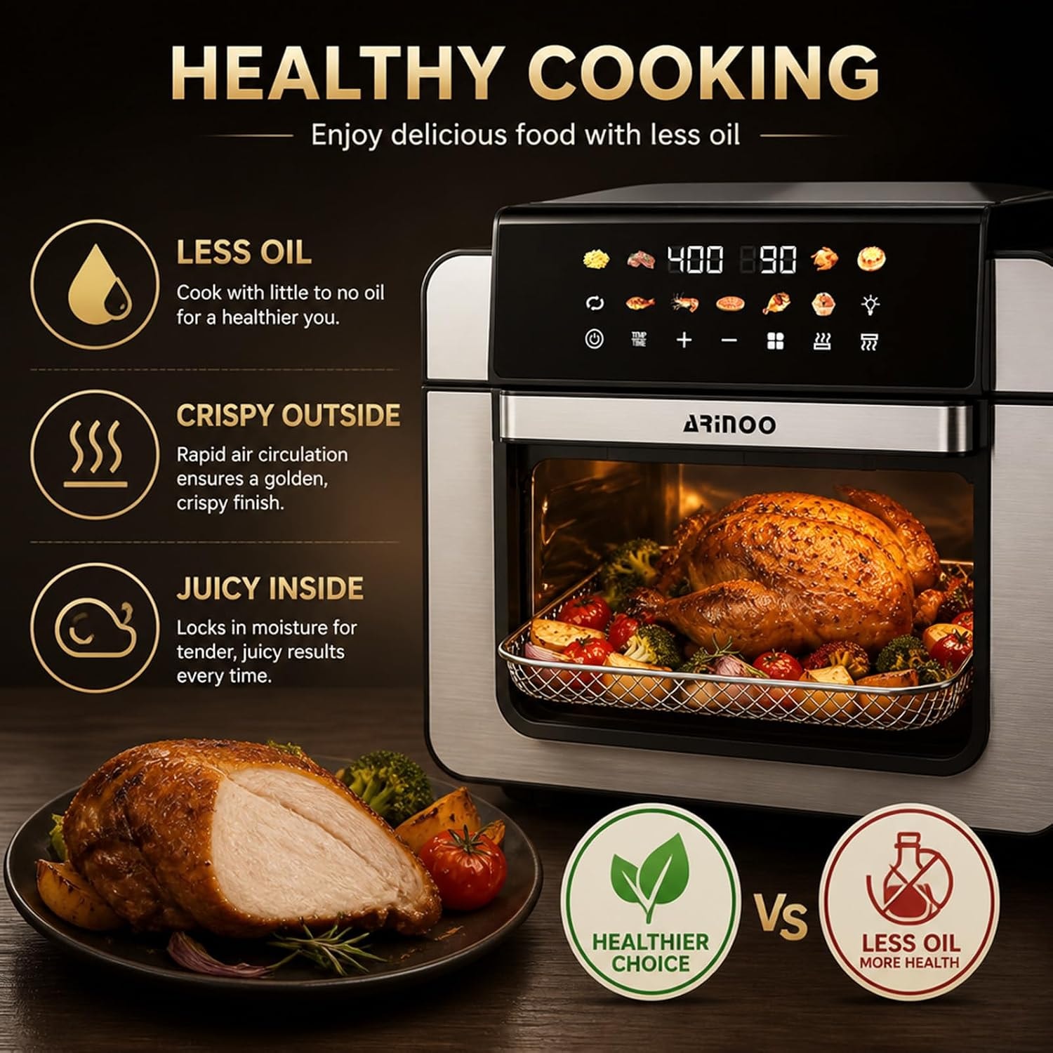 VonShef 18L 1500W Air Fryer Oven – 16 quarts – Black – Toaster Ovens