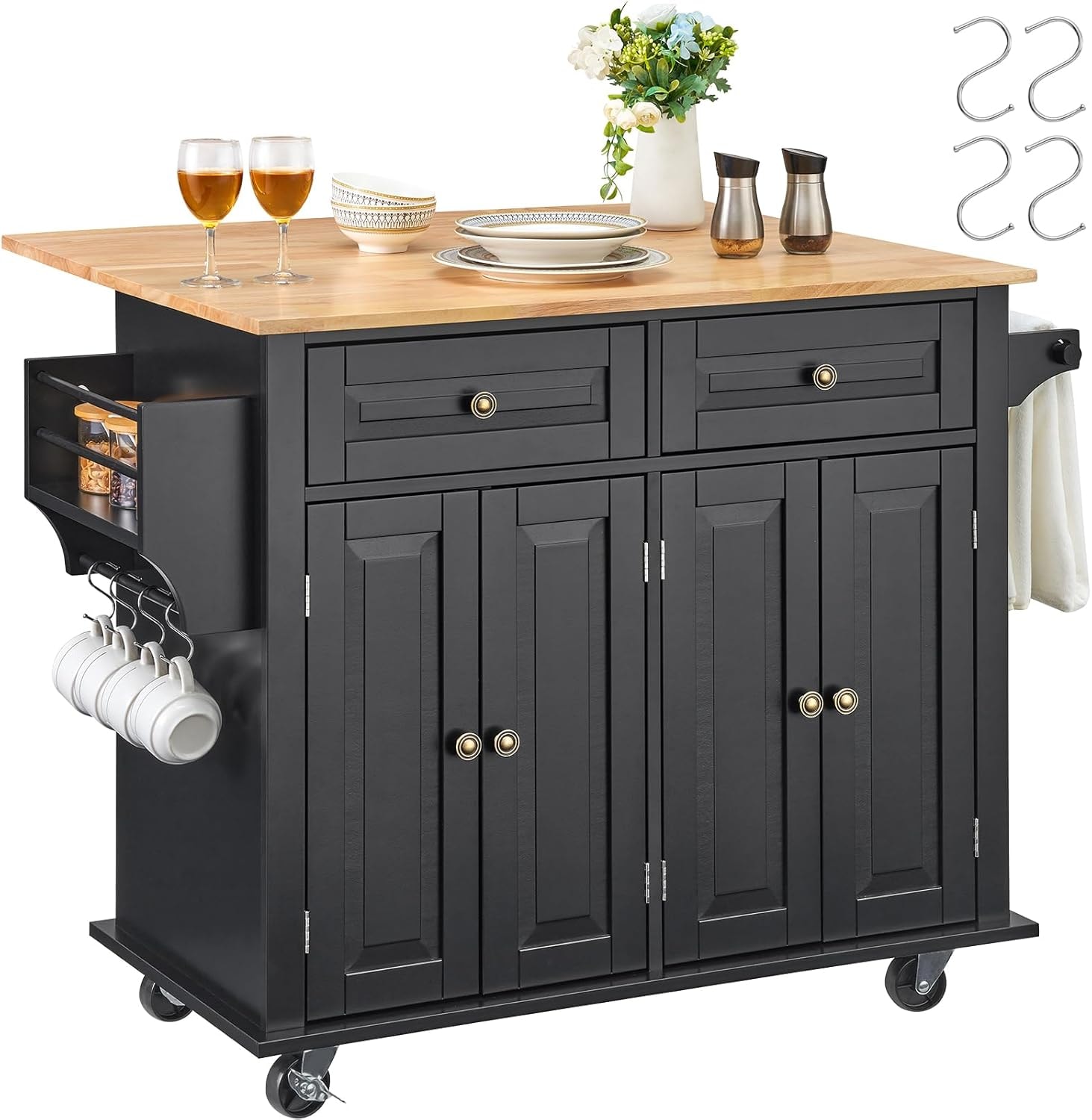 Latitude Kitchen Island Cart – 35.4" W Drop Leaf – Black – Mobile Storage Islands