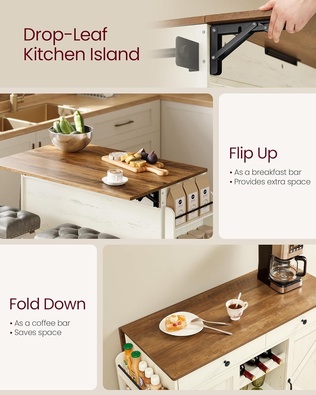17 Stories Kitchen Island – 28.7"d x 49.3"w x 36"h – Rustic White + Honey Brown – Mobile Storage Islands