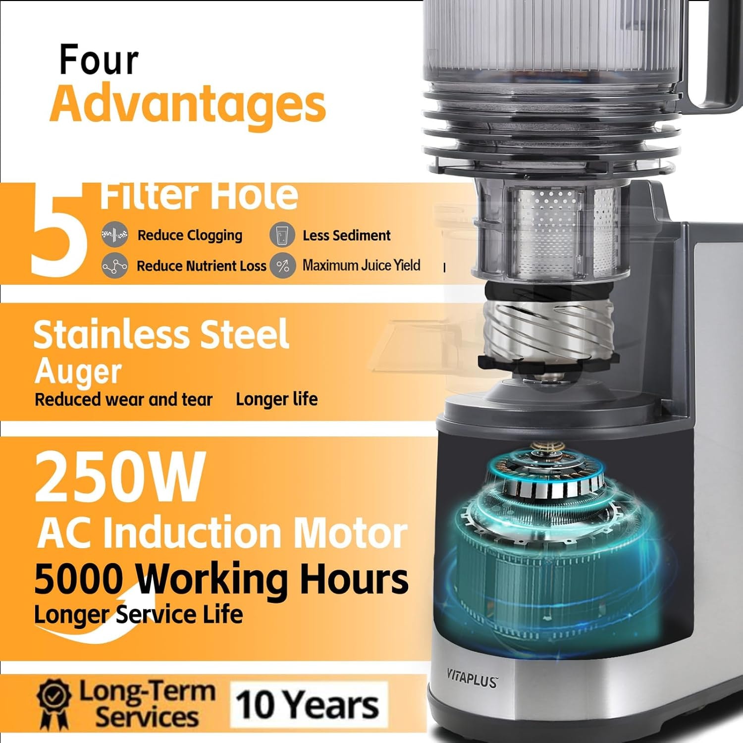 4.3 in. 200-Watt Stainless Steel Cold Press Juicer with 2-Auger and Ju – 2 liters – silver – Single Auger Masticating Juicers