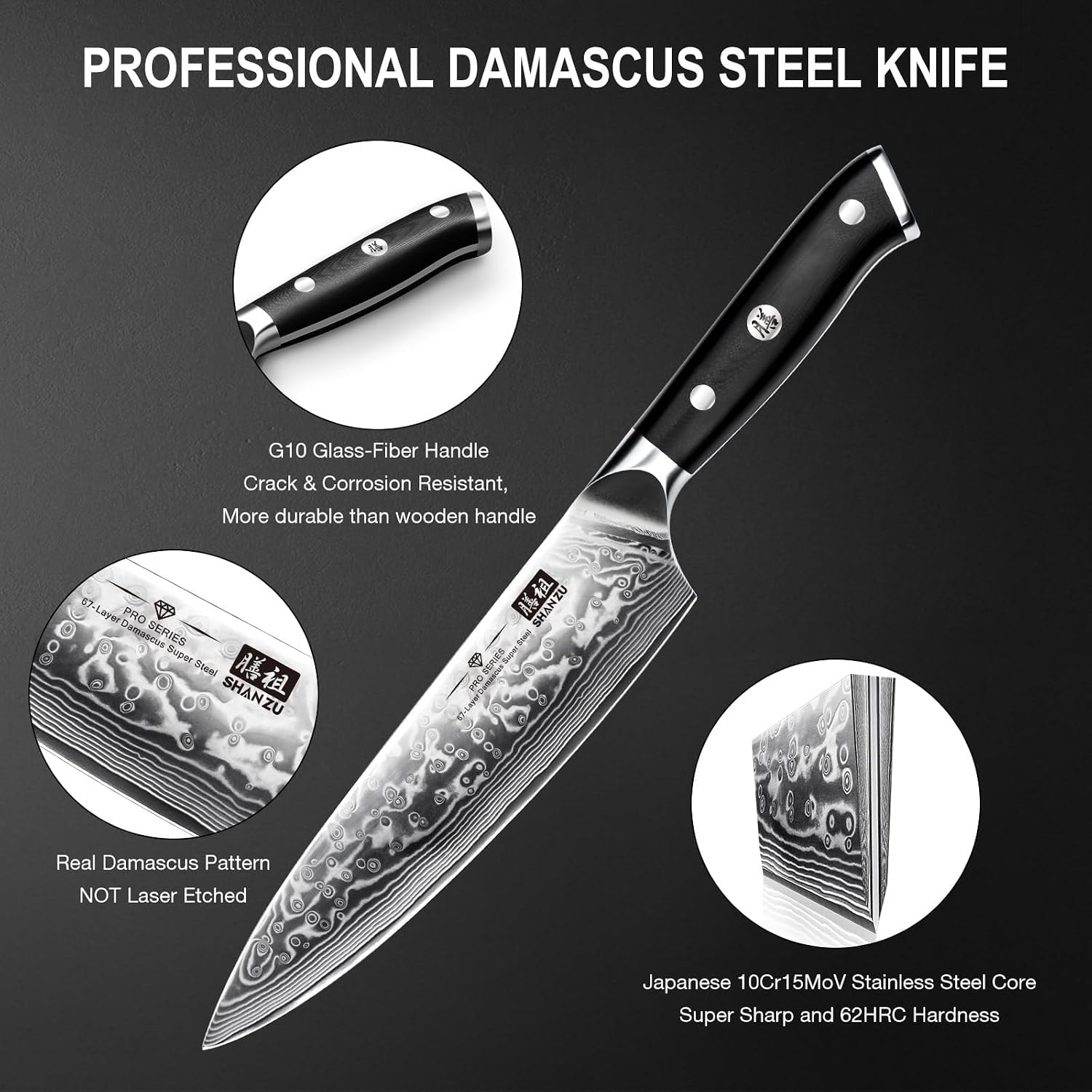 SHAN ZU Damascus Kitchen Knife Set with Block – 8" – 7 Pc Knife Set – Knife Block Sets