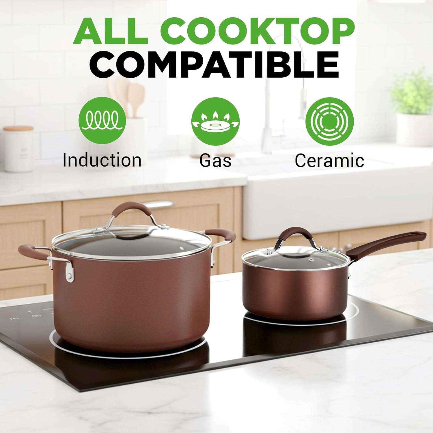 NutriChef Kitchenware Pots & Pans Set – Brown – Cookware Sets