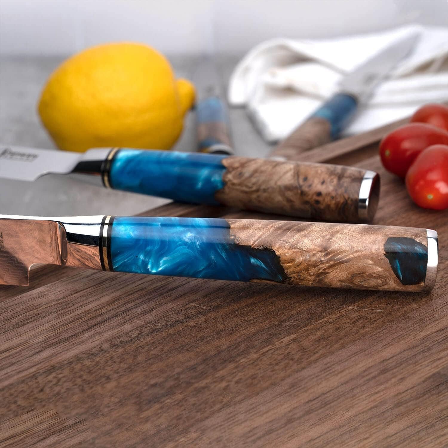 8-Piece Damascus Steak Knife — Twisted Damascus Blades, Green Pakka Wo – Large – Blue – Steak Sets