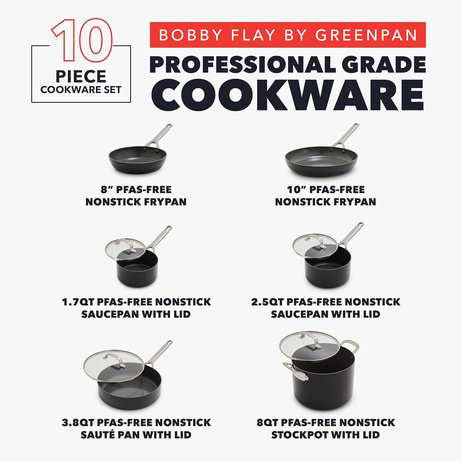 GreenPan Bobby Flay Chef Series Hard Anodized 10-Piece Cookware Set – Black – Cookware Sets