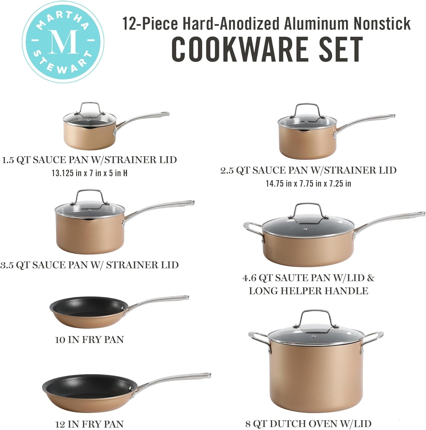 Martha Stewart 12-Piece Hard Anodized Aluminum Nonstick Cookware Set – 4.6 liters – Copper – Cookware Sets
