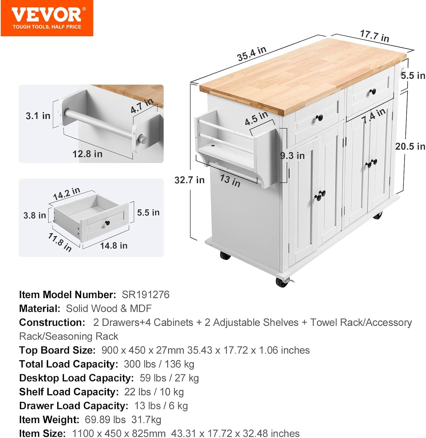 VEVOR - Kitchen Island Cart with Solid Wood Top, 45.3" Width Mobile Ca – 35.4" W – Mobile Storage Islands