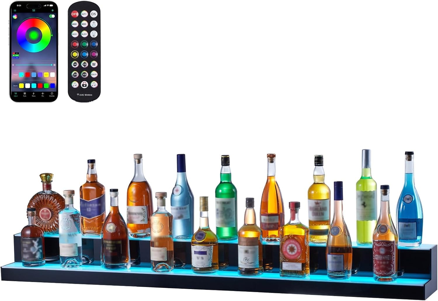VEVOR LED Lighted Liquor Bottle Display Bar Shelf – 2 Step 60 Inches – Black+white – Wall-Mounted Wine Racks