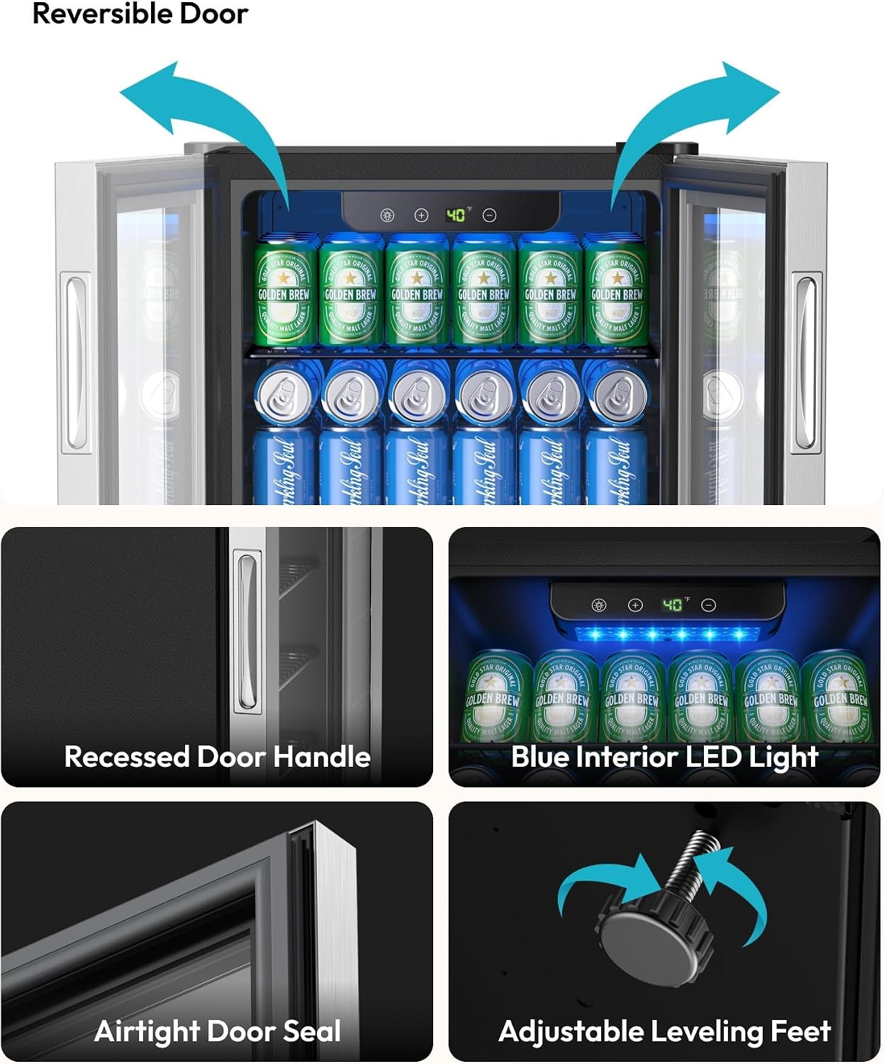 Euhomy - 130 Cans Beverage Refrigerator, 3.2 Cu. Ft Cooler with Adjust – 3.2 cubic feet – Silver – Beverage Refrigerators