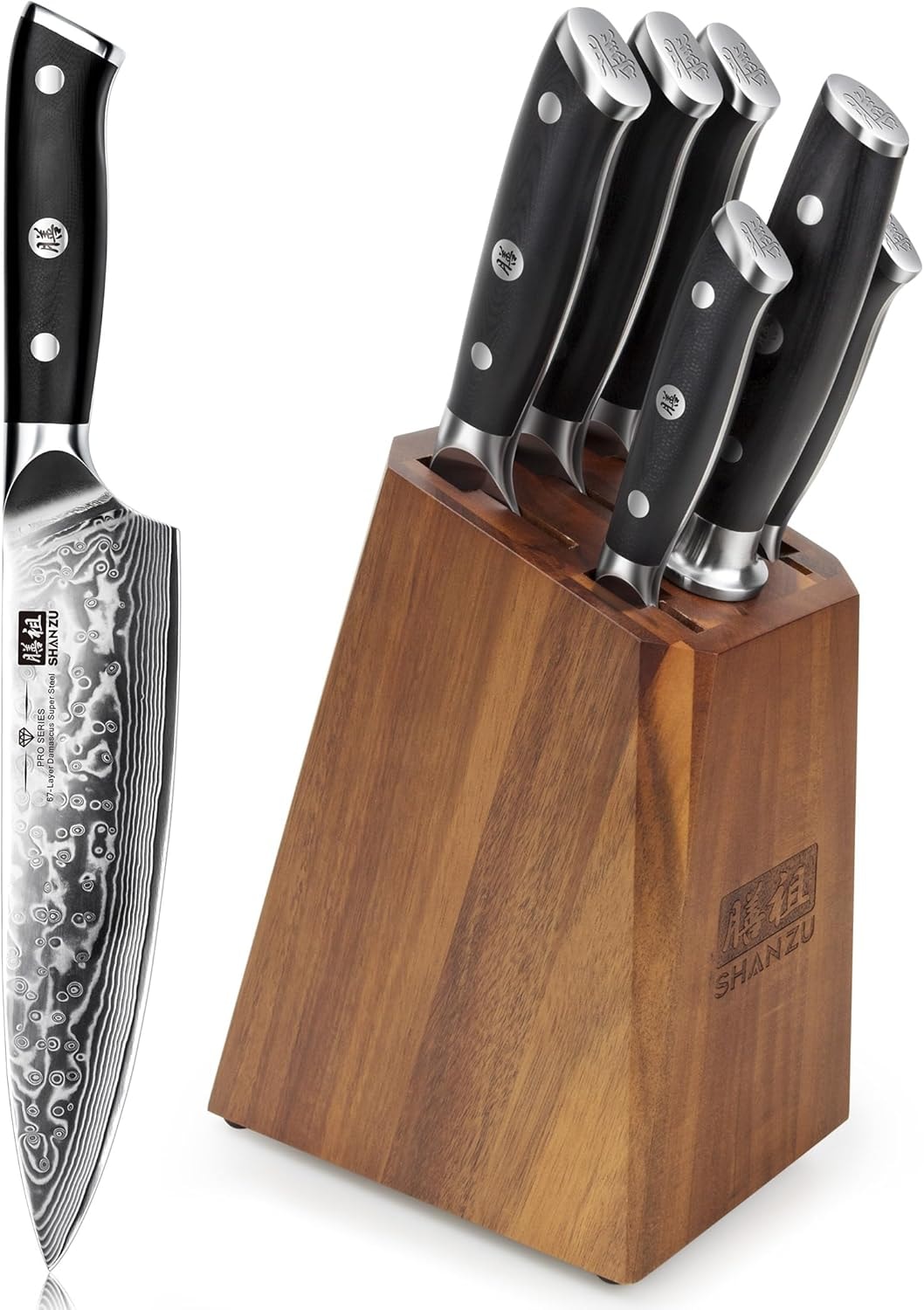 SHAN ZU Damascus Kitchen Knife Set with Block – 8" – 7 Pc Knife Set – Knife Block Sets