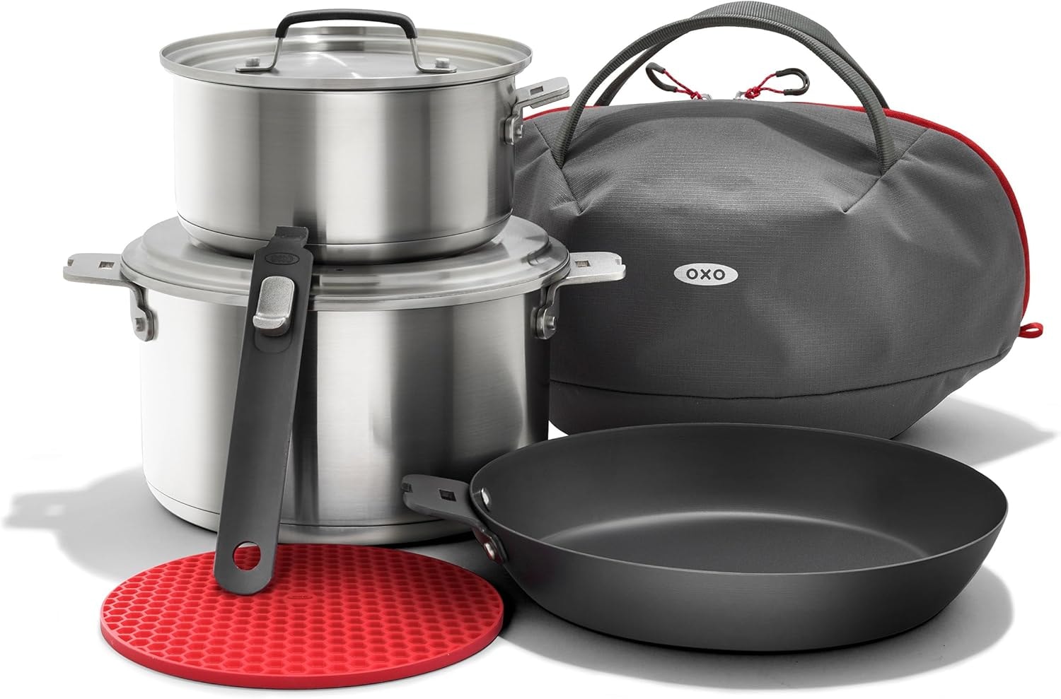 OXO Outdoor Camp Cookware Set with Travel Bag – 2.27 liters – Stainless Steel, Black – Cookware Sets