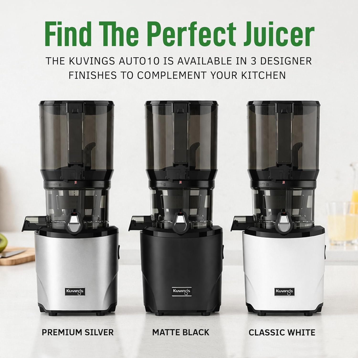 Kuvings AUTO10 Hands-Free Slow Juicer – 3 liters – Silver – Single Auger Masticating Juicers