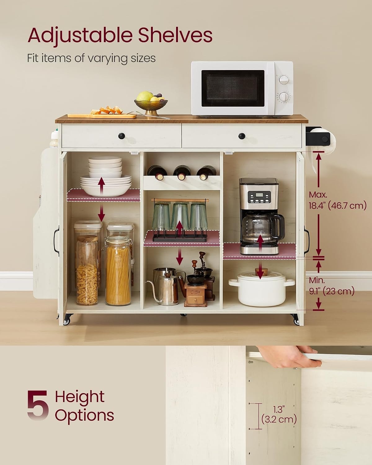 17 Stories Kitchen Island – 28.7"d x 49.3"w x 36"h – Rustic White + Honey Brown – Mobile Storage Islands