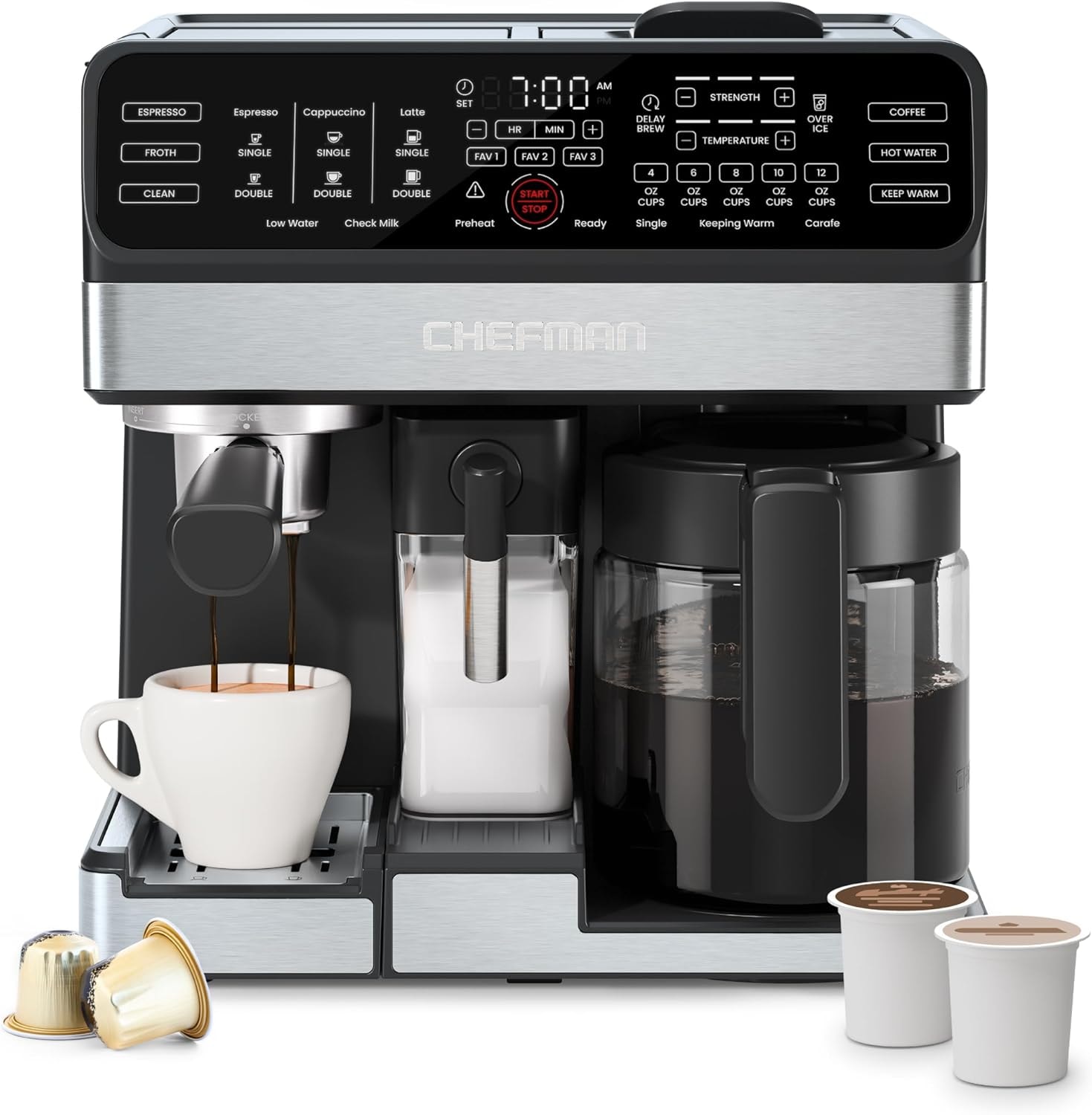 Chefman 8-in-1 Coffee Station, Coffee Maker, Espresso Machine, Combo – 12 cups – Stainless Steel – Semi-Automatic Espresso Machines