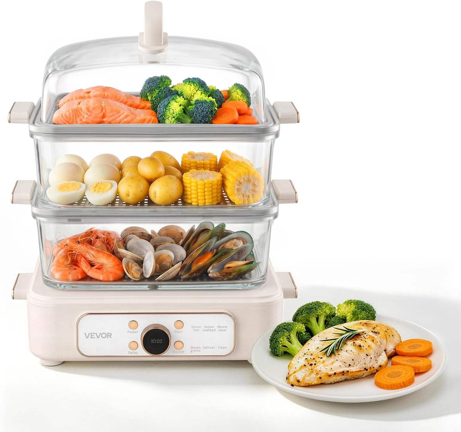Glass Food Steamer for Cooking – 10.6 quarts – White – Steamers
