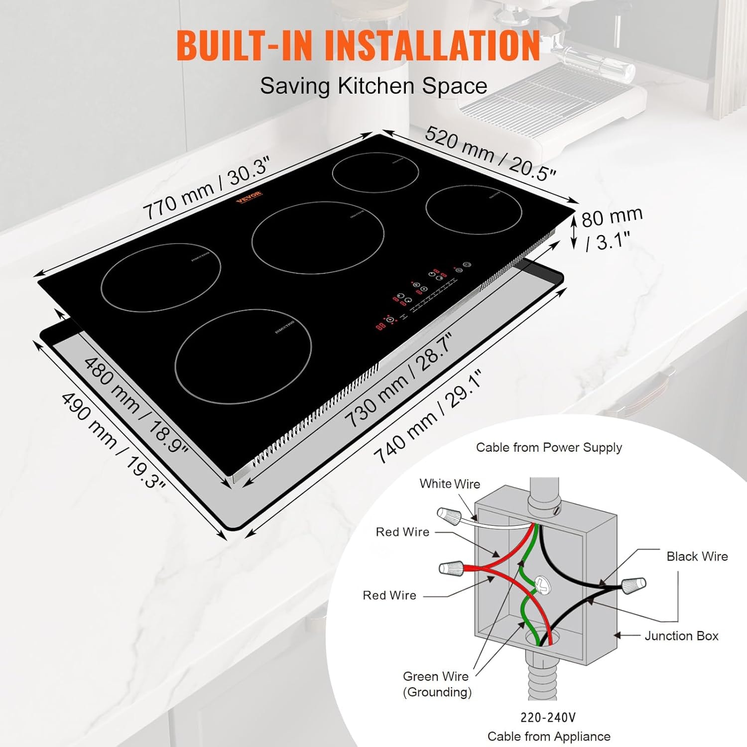 VEVOR 30" Built-in Induction Electric Cooktop – 30in 5 Burners/220V – Timer & Child Lock Included, 9 Power Levels for Simmer Steam Slow Cook Fry – Coo