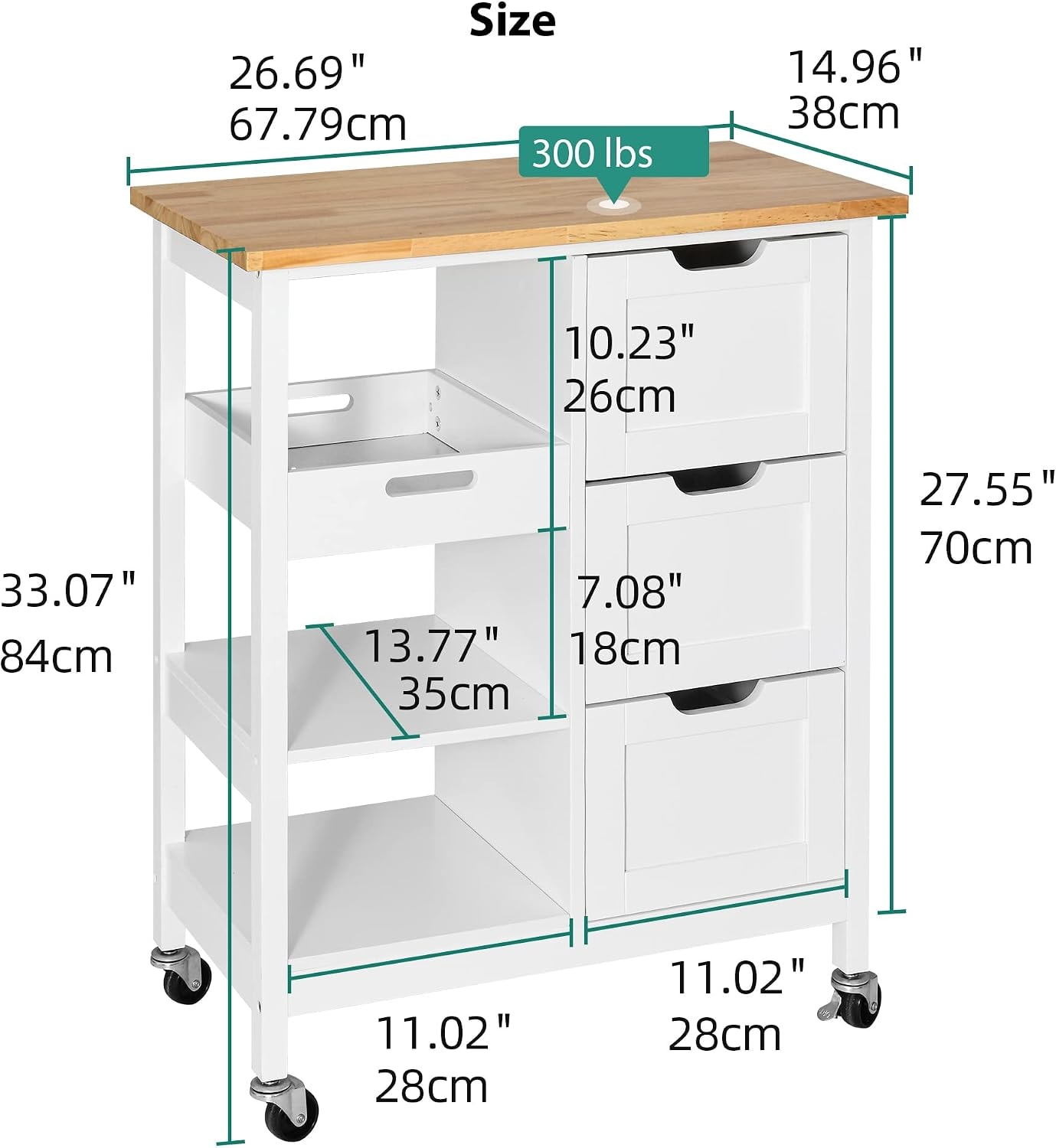 Latitude Run Kitchen Island Cart Rolling Kitchen Island with Storage S – 14.96"D x 26.69"W x 33.07"H – White – Mobile Storage Islands