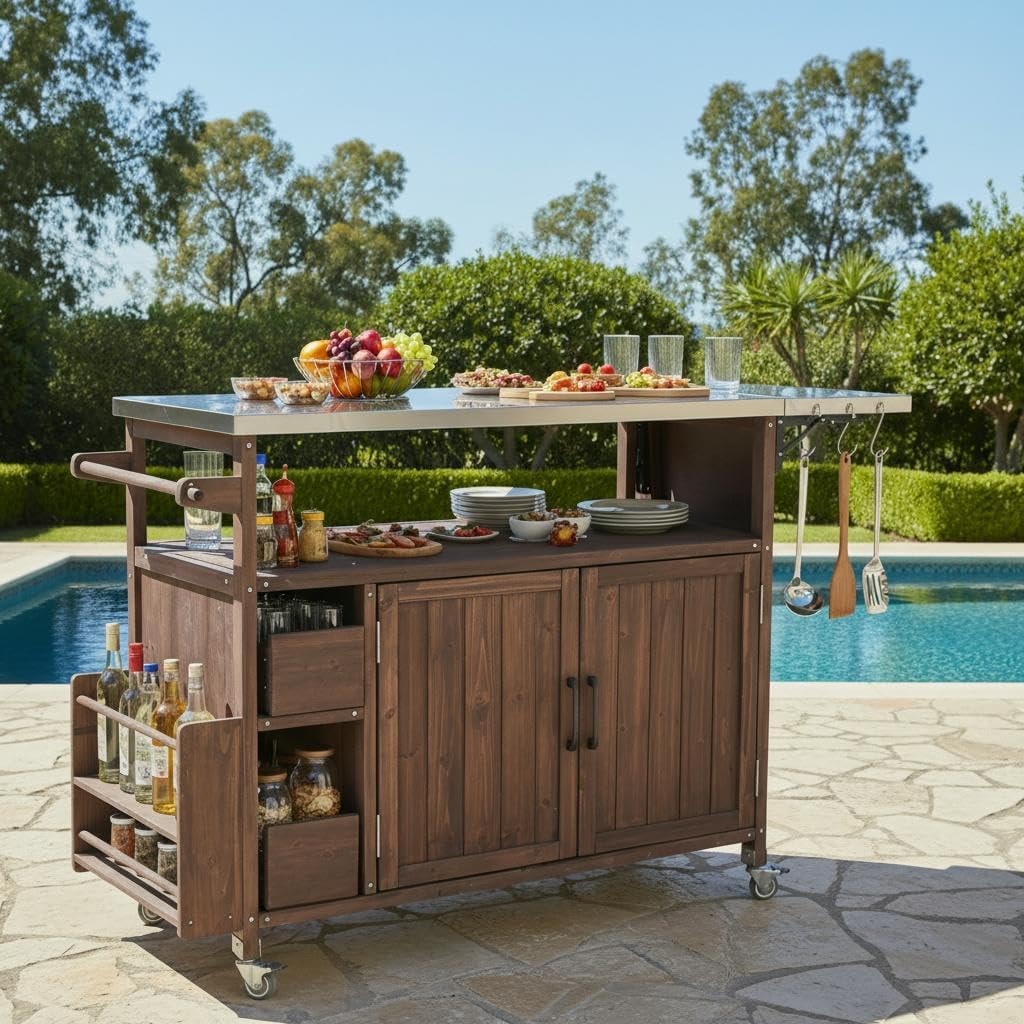 Better Homes & Gardens Tarren Outdoor Island Serving Cart – Medium – Brown+silver – Bar & Serving Carts
