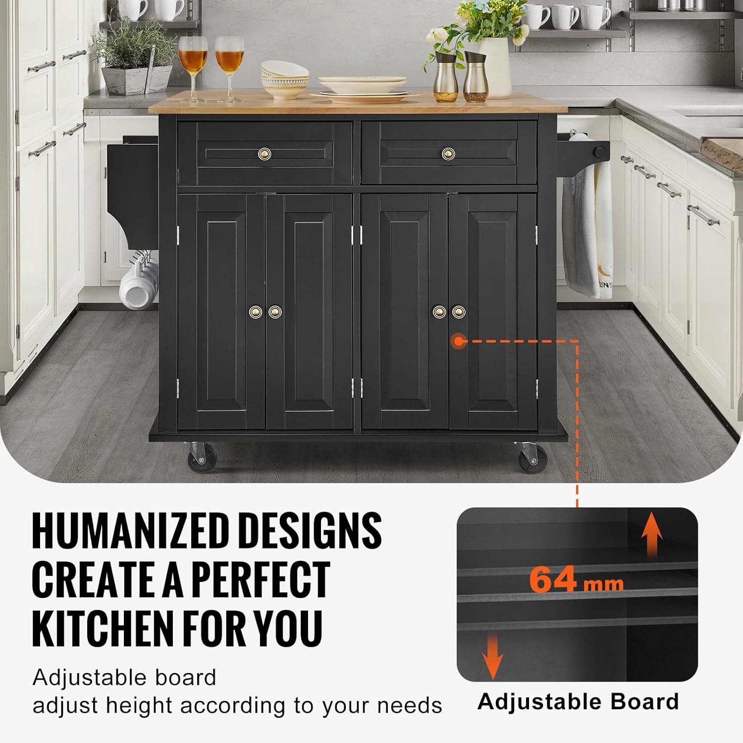 Latitude Kitchen Island Cart – 35.4" W Drop Leaf – Black – Mobile Storage Islands