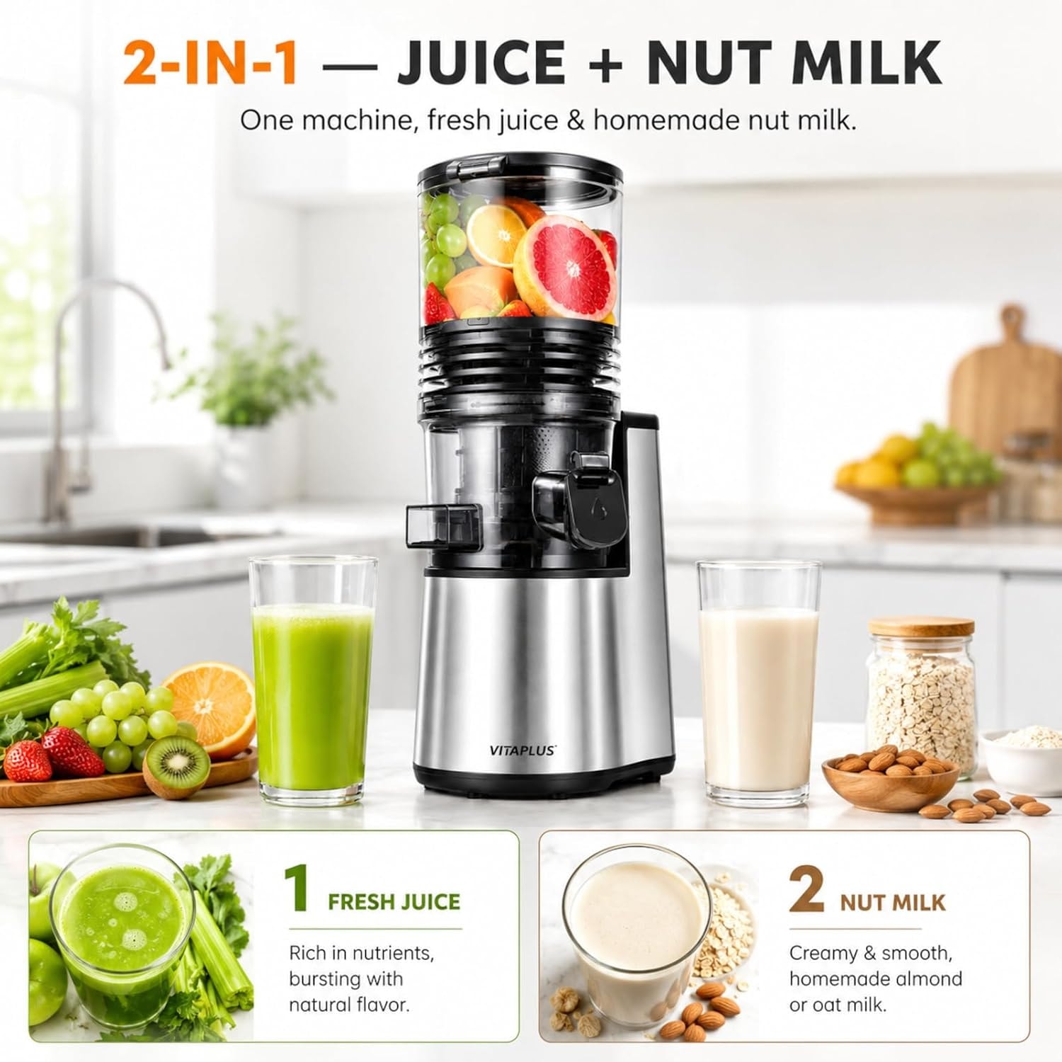4.3 in. 200-Watt Stainless Steel Cold Press Juicer with 2-Auger and Ju – 2 liters – silver – Single Auger Masticating Juicers