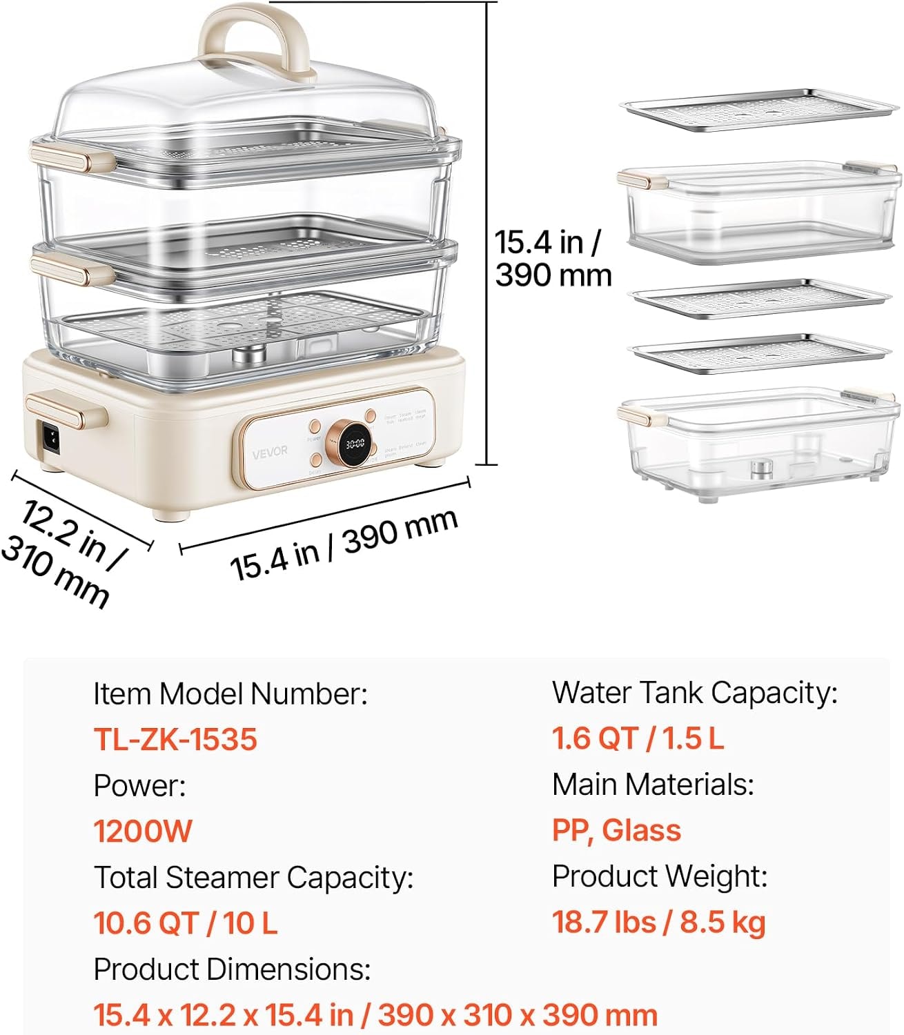 Glass Food Steamer for Cooking – 10.6 quarts – White – Steamers