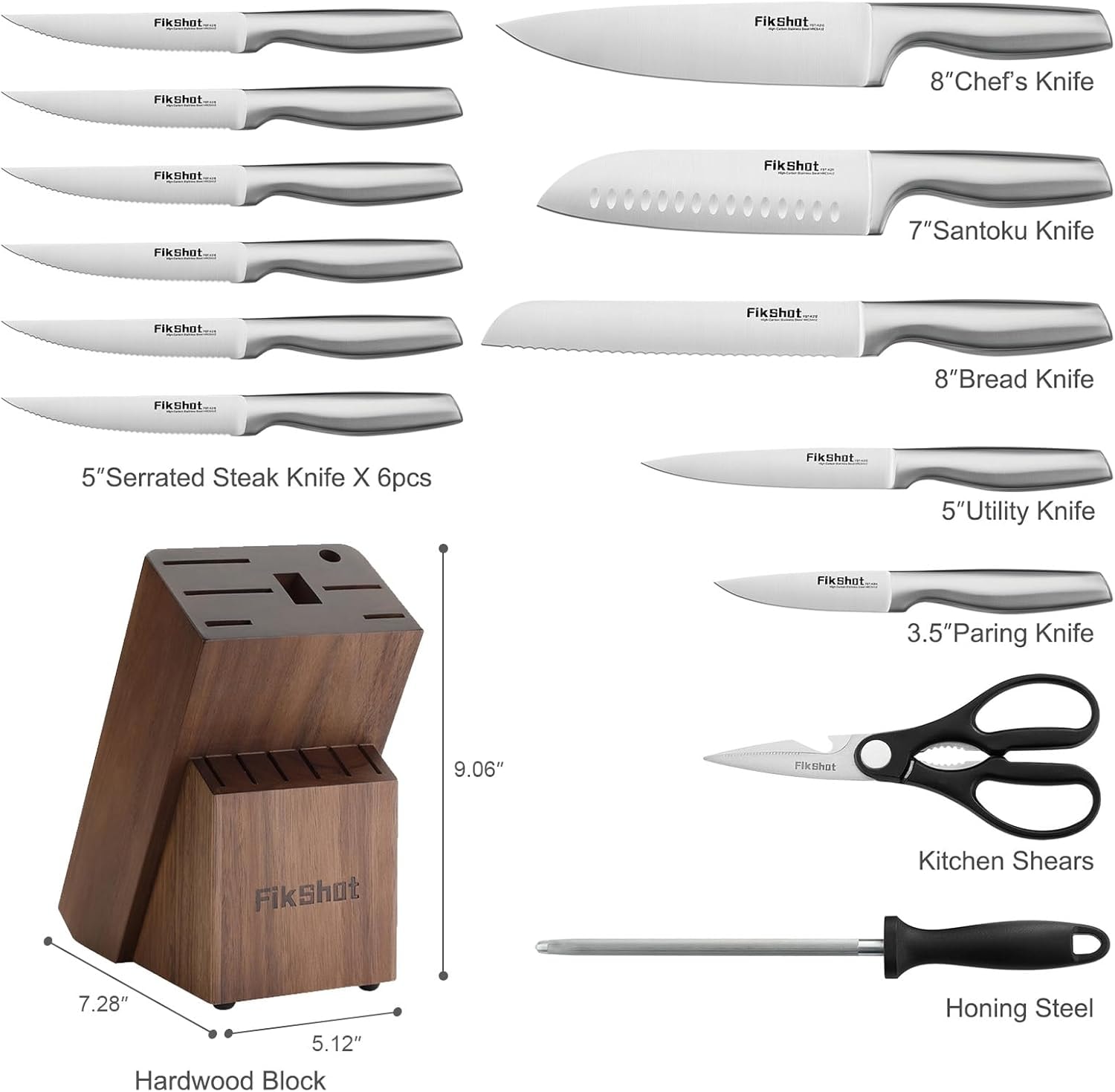 Wudkey 14-Piece Stainless Steel German Knife Set – Silver + Walnut – Knife Block Sets