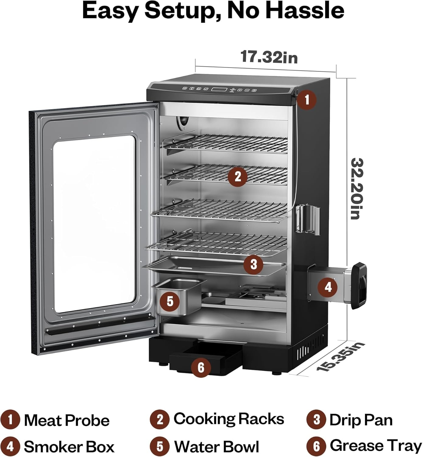 30 Inch Electric Smoker For Outdoors, Built-In Probe – Mist Silver – Glass Door – Smokers