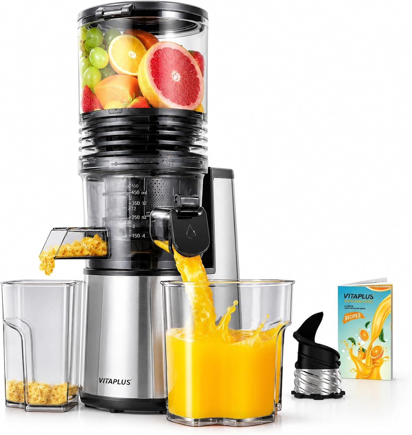 4.3 in. 200-Watt Stainless Steel Cold Press Juicer with 2-Auger and Ju – 2 liters – silver – Single Auger Masticating Juicers