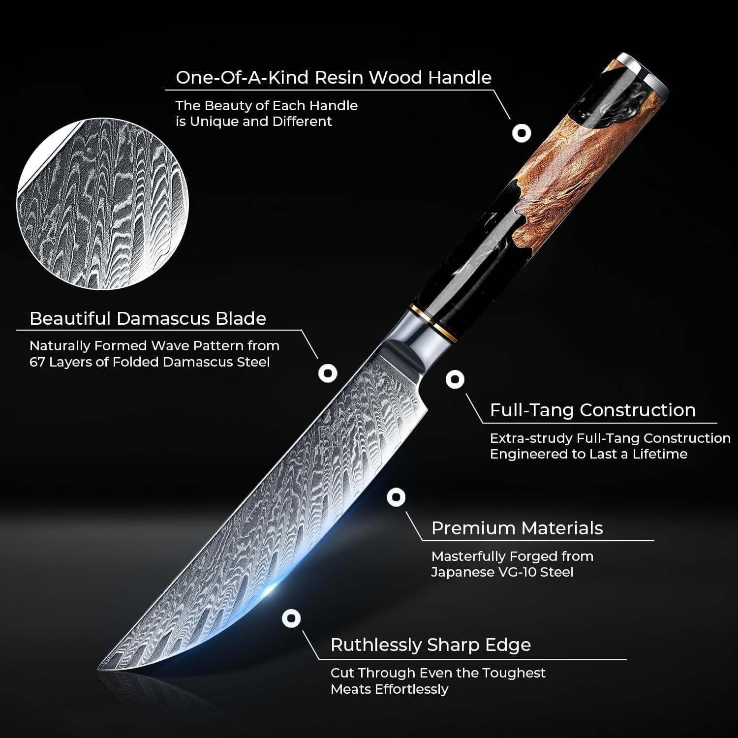 Tsunami Japanese VG-10 Damascus Steel Steak Knife Set with Gift Box – Set of 6 – Black – Steak Knives