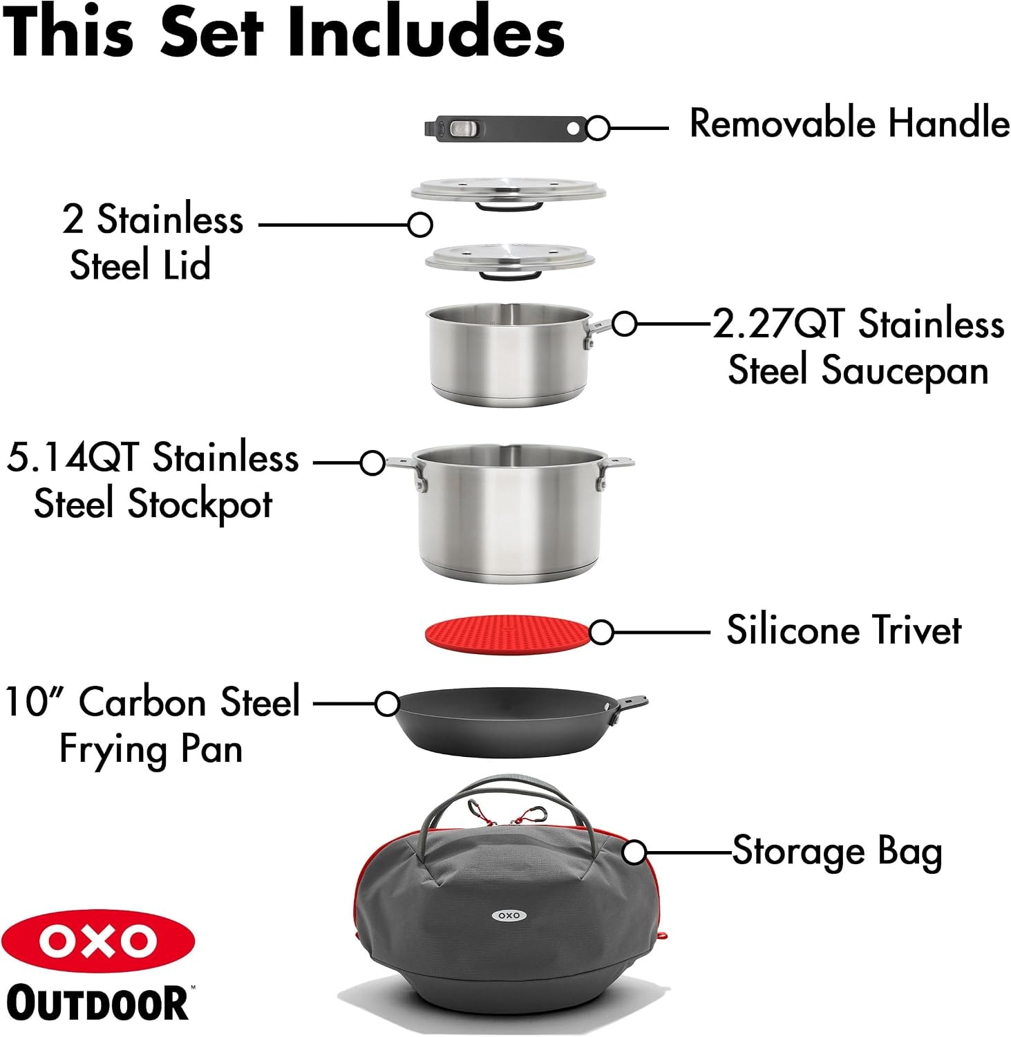 OXO Outdoor Camp Cookware Set with Travel Bag – 2.27 liters – Stainless Steel, Black – Cookware Sets