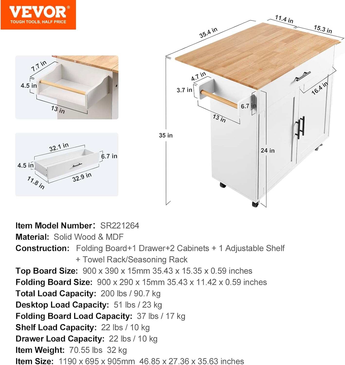 WarmieHomy Kitchen Cart with Solid Wood Top, Locking Wheels Storage Ca – 35.4" W Drop Leaf – White – Mobile Storage Islands
