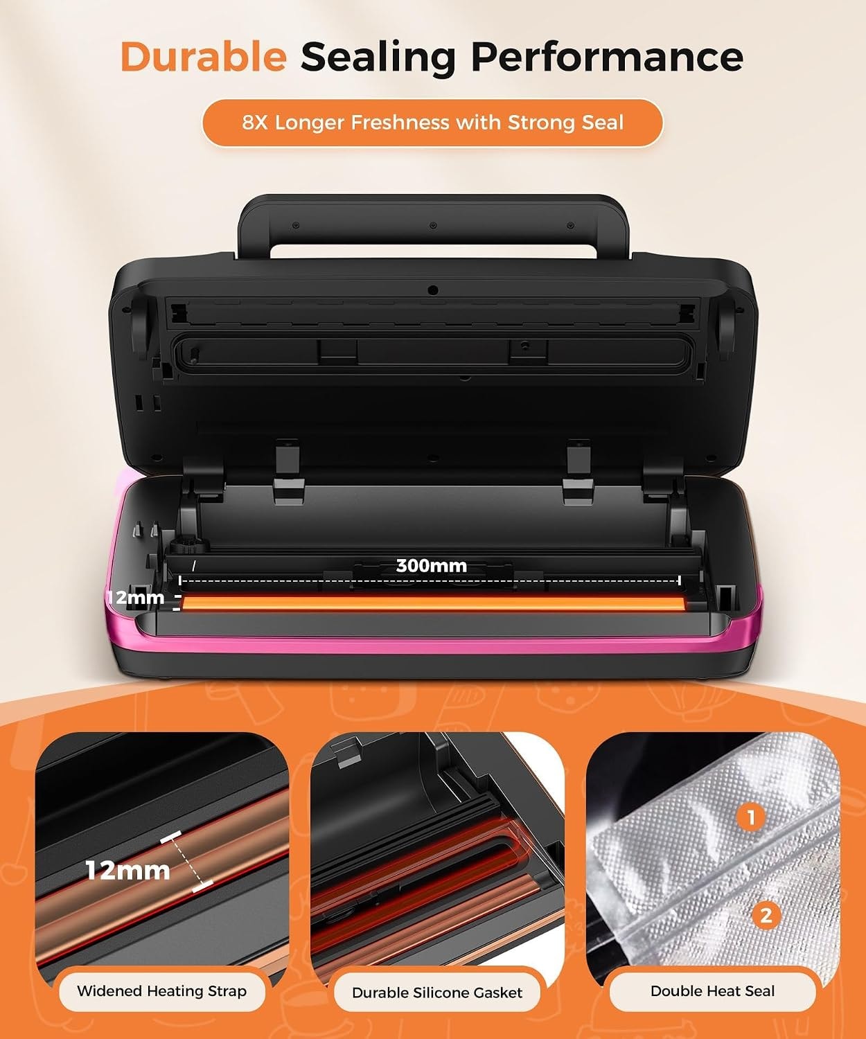 Vacuum Sealer Machine Full Automatic Food Sealer 95Kpa – Pink – Vacuum Sealers