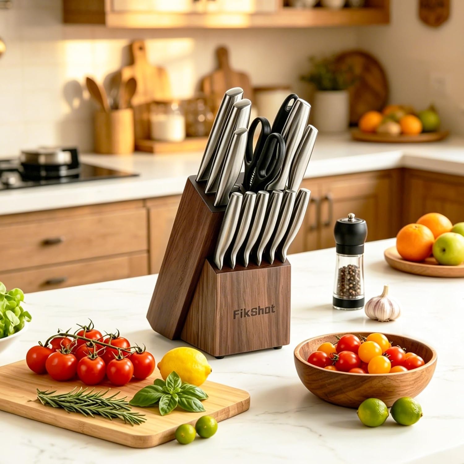 Wudkey 14-Piece Stainless Steel German Knife Set – Silver + Walnut – Knife Block Sets