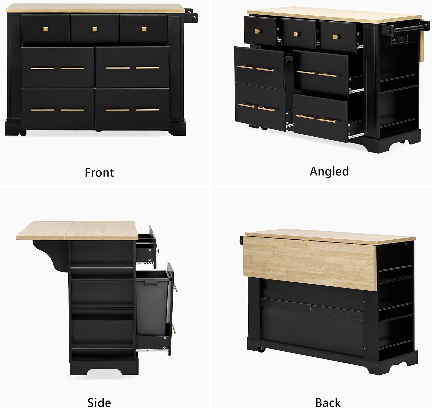 Kitchen Island with 6 Drawers, Pull Out Trash Can Storage, Rolling, Dr – 51.2 x 29.5 x 36.2 inches – Black – Mobile Storage Islands