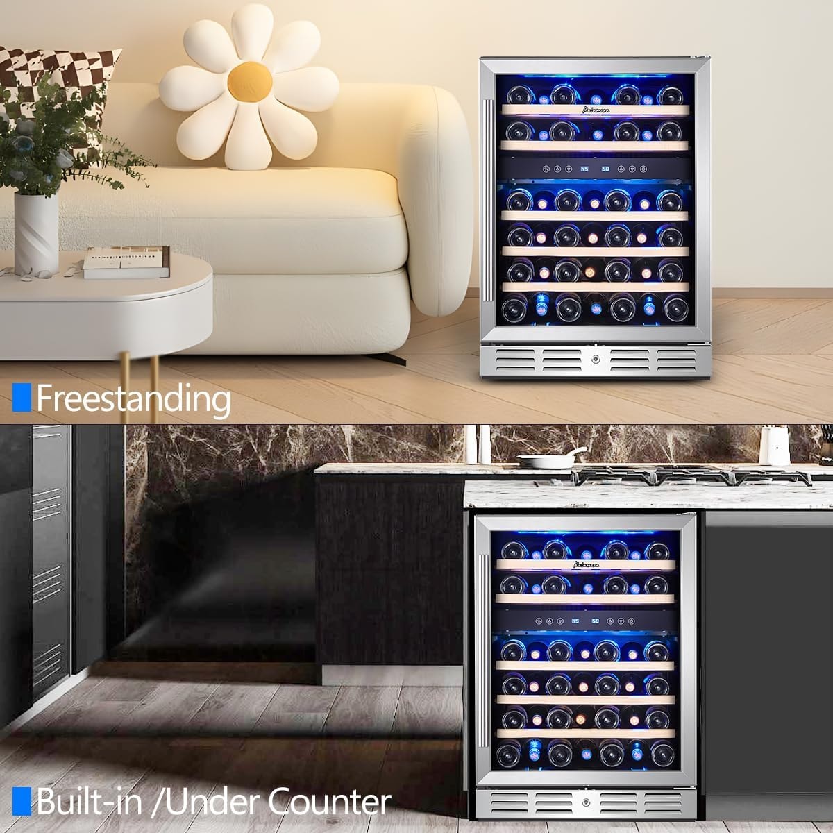 Kalamera Single Zone 24-Bottle Free Standing Compressor Wine Cooler – 5.3 cubic feet – Stainless Steel/Silver – Freestanding Wine Cellars