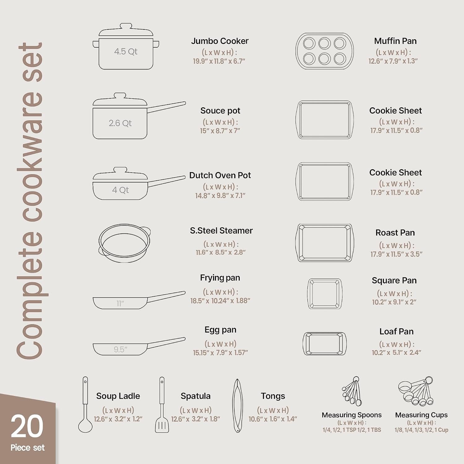 Bakken Swiss 23-Piece Nonstick Cookware & Bakeware Set – 20 Pieces – Cream – Cookware Sets