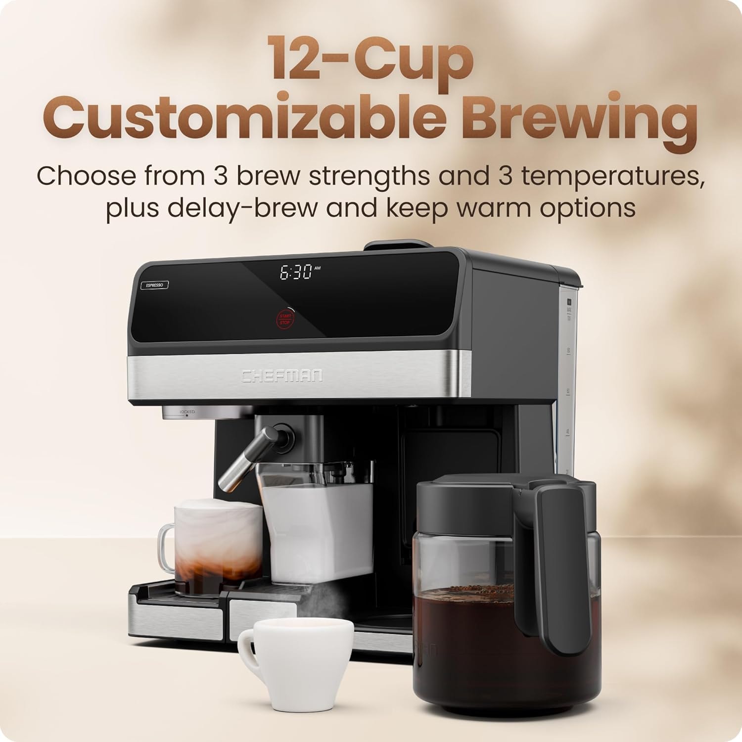 Chefman 8-in-1 Coffee Station, Coffee Maker, Espresso Machine, Combo – 12 cups – Stainless Steel – Semi-Automatic Espresso Machines