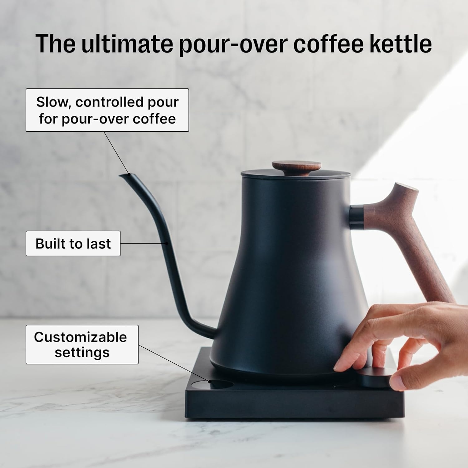 Fellow Products Stagg EKG Pro Electric Pouring Kettle in Black & Walnu – 0.9 liters – Matte Black with Walnut Handle + Lid Pull – Electric Kettles