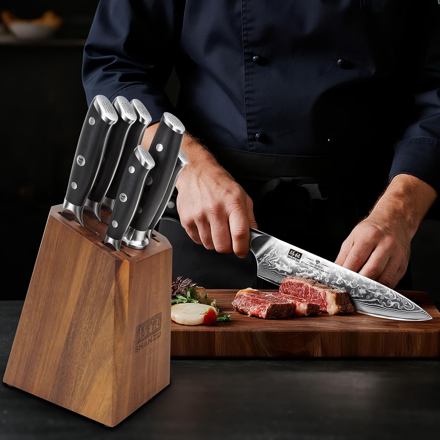 SHAN ZU Damascus Kitchen Knife Set with Block – 8" – 7 Pc Knife Set – Knife Block Sets