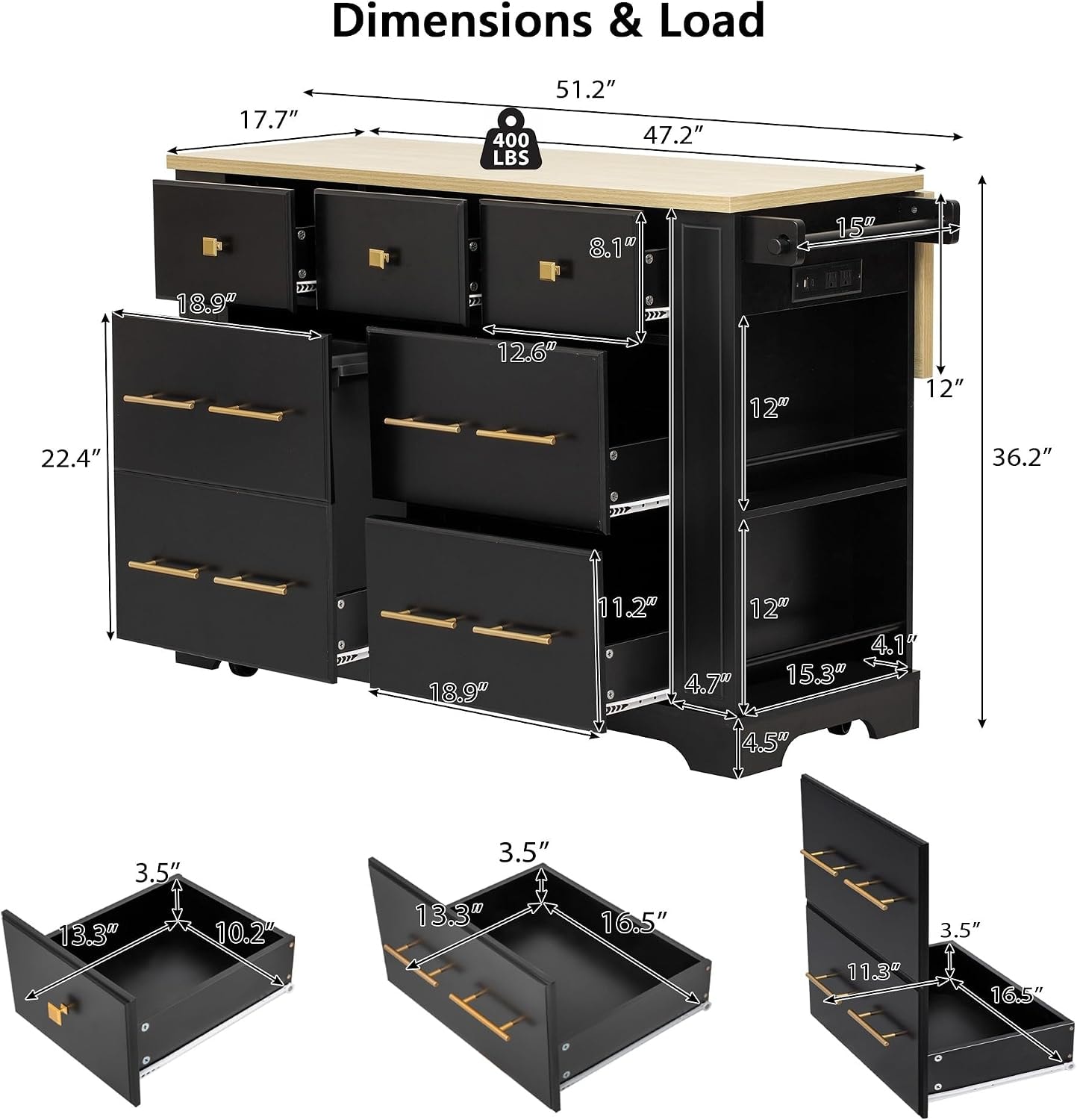 Kitchen Island with 6 Drawers, Pull Out Trash Can Storage, Rolling, Dr – 51.2 x 29.5 x 36.2 inches – Black – Mobile Storage Islands
