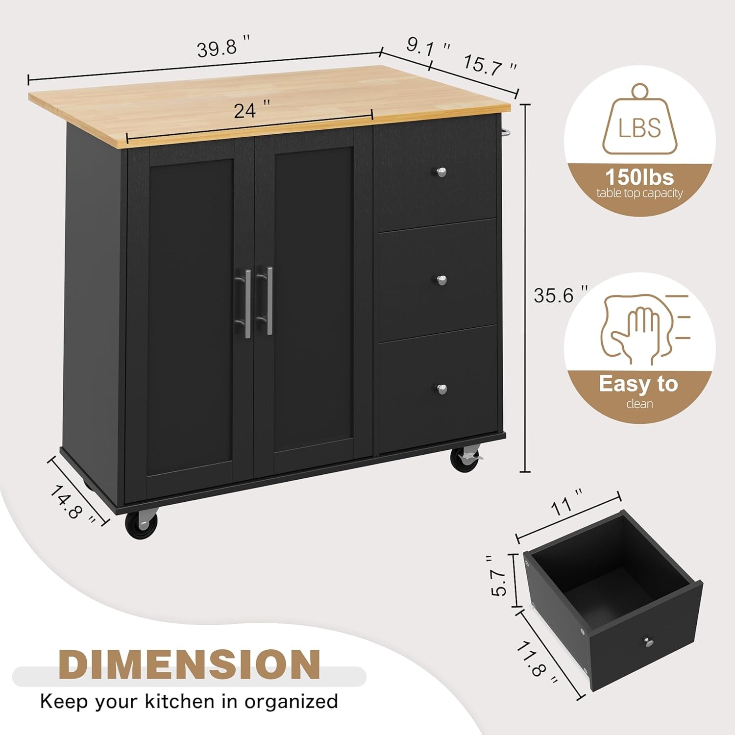 Alyxandra Kitchen Island – Black – Bar & Serving Carts