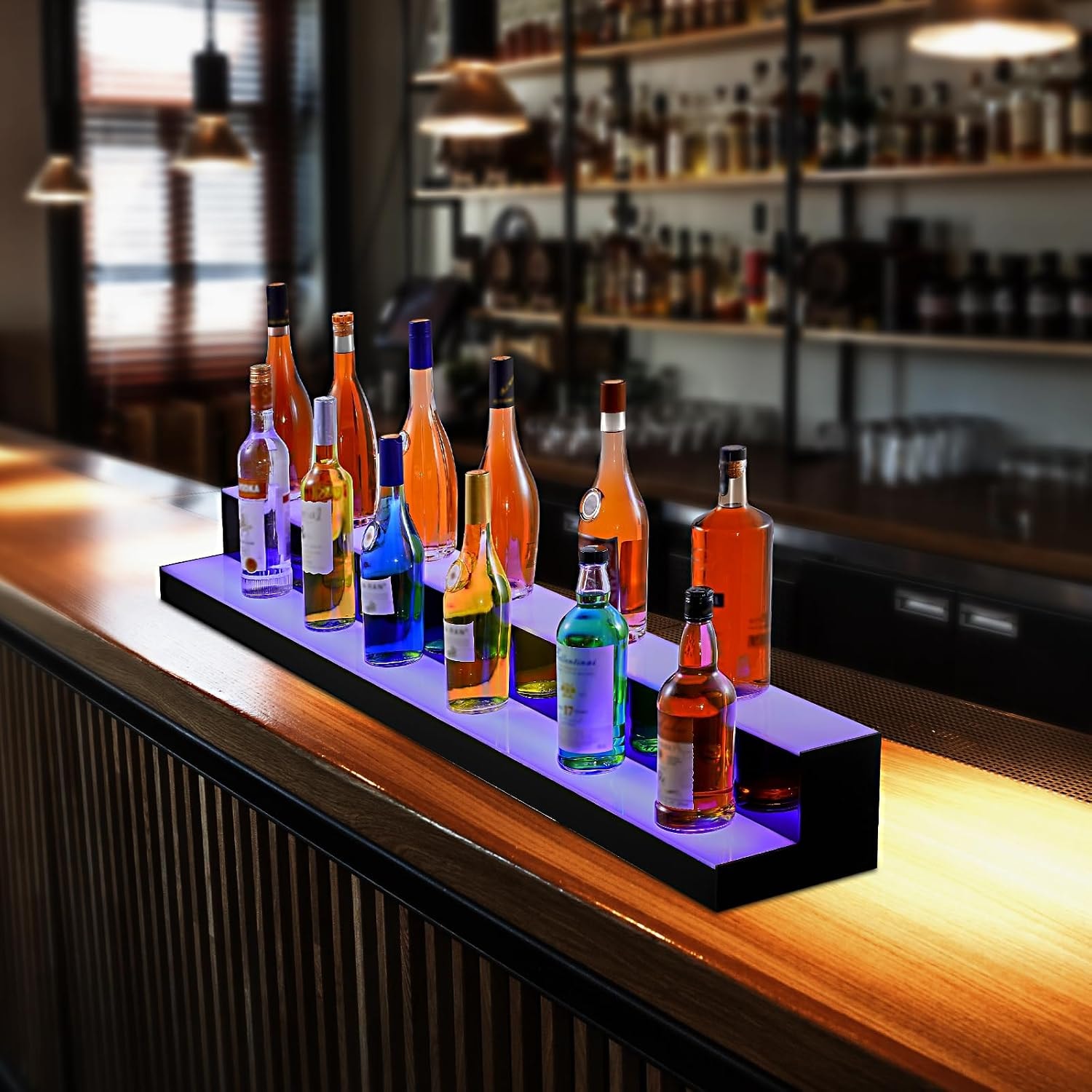 VEVOR LED Lighted Liquor Bottle Display Bar Shelf – 2 Step 60 Inches – Black+white – Wall-Mounted Wine Racks