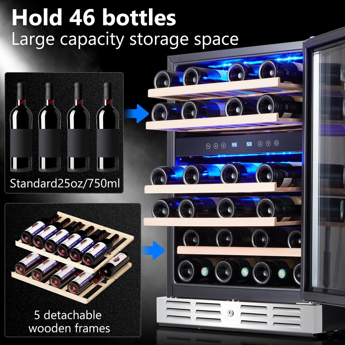 Kalamera Single Zone 24-Bottle Free Standing Compressor Wine Cooler – 5.3 cubic feet – Stainless Steel/Silver – Freestanding Wine Cellars