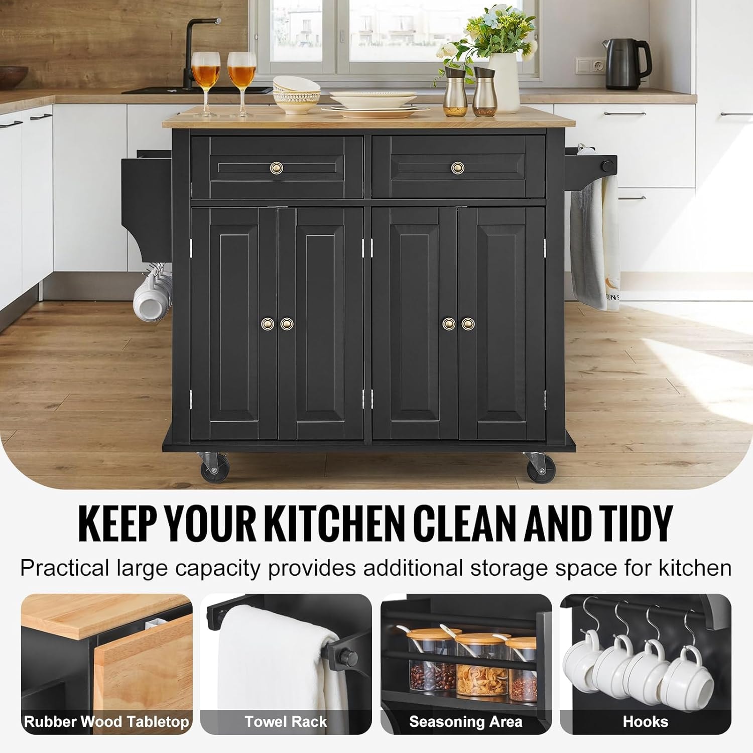 Latitude Kitchen Island Cart – 35.4" W Drop Leaf – Black – Mobile Storage Islands