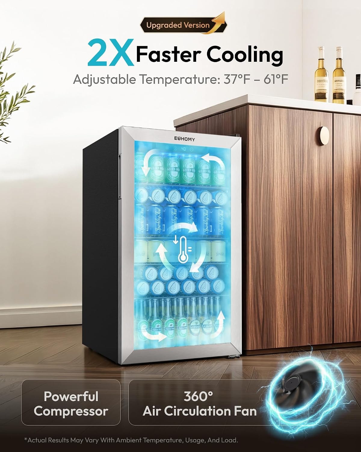 Euhomy - 130 Cans Beverage Refrigerator, 3.2 Cu. Ft Cooler with Adjust – 3.2 cubic feet – Silver – Beverage Refrigerators