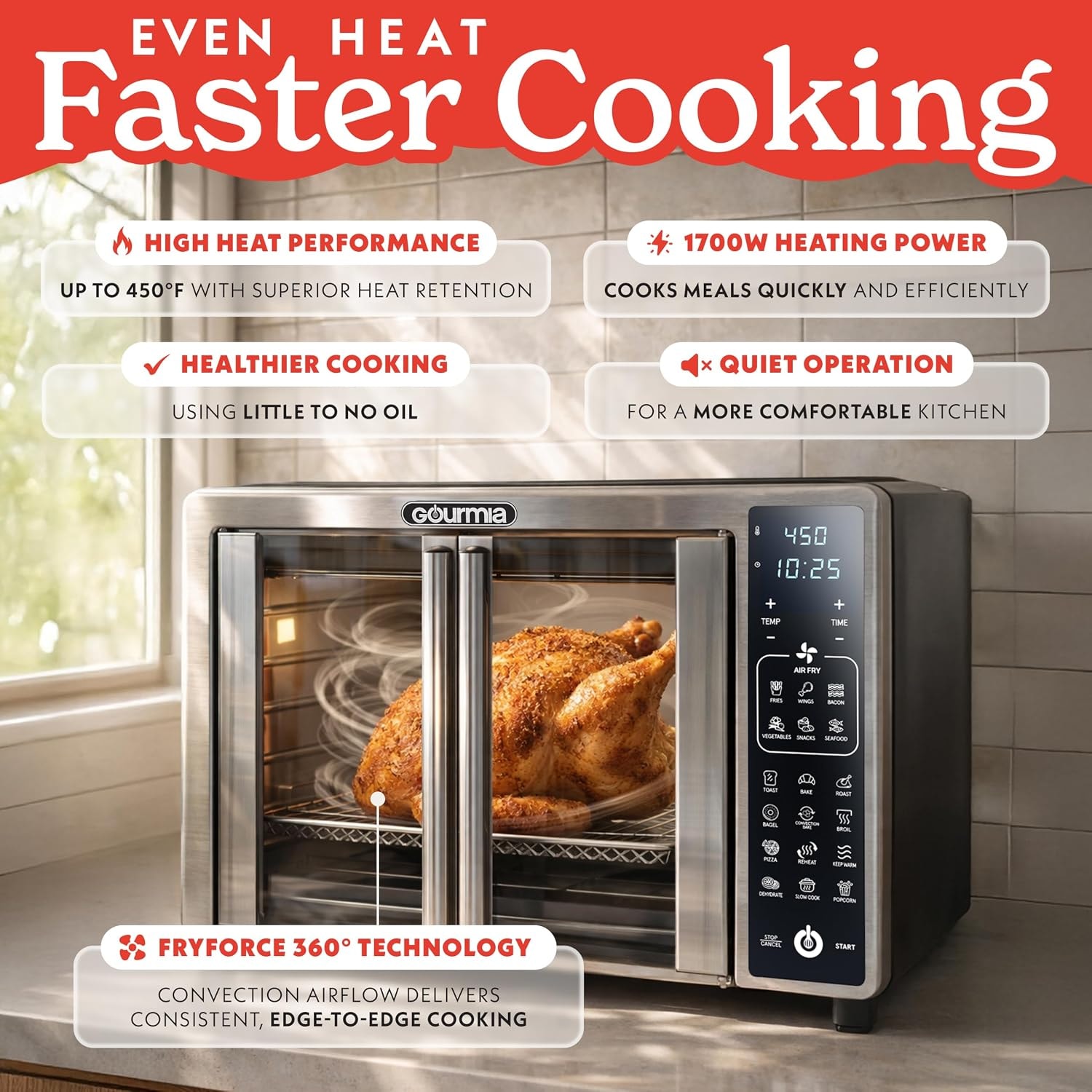 Gourmia Air Fryer French Door Toaster Oven – 25 quarts – Stainless Steel – 19 Presets – Air Fryers