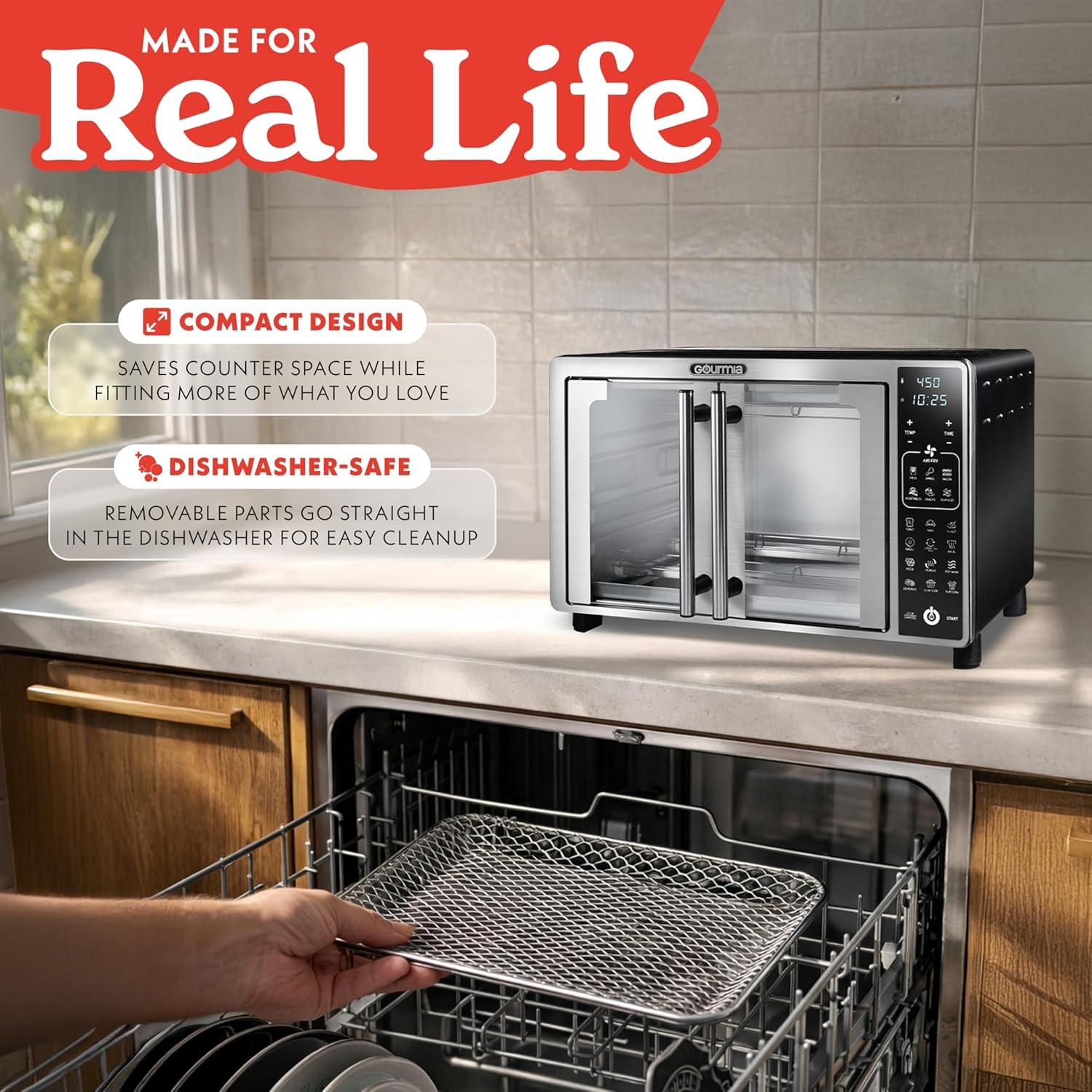 Gourmia Air Fryer French Door Toaster Oven – 25 quarts – Stainless Steel – 19 Presets – Air Fryers