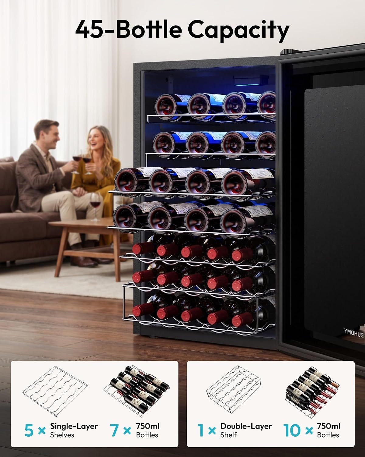 Simzlife 45 Bottle Wine Cooler Refrigerator – 4.5 cubic feet – Black – Freestanding Wine Cellars