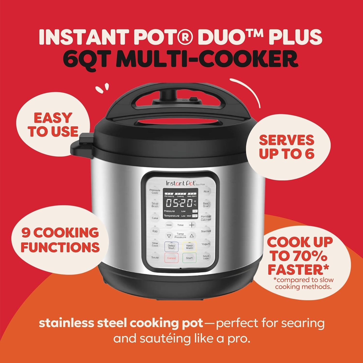 Instant Pot Duo Plus 9-in-1 Multi-Use Pressure Cooker – 6 quarts – Stainless Plus – Electric Pressure Cookers