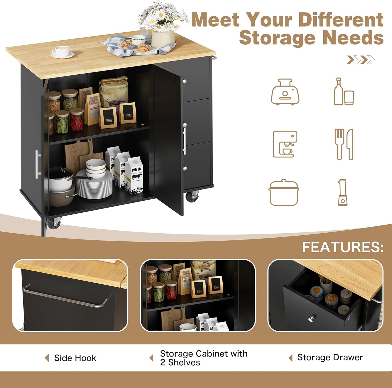 Alyxandra Kitchen Island – Black – Bar & Serving Carts